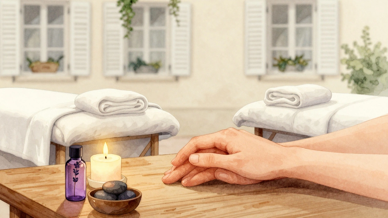 Mains entrelacées sur une table avec une bougie, une huile de lavande et des pierres chaudes.