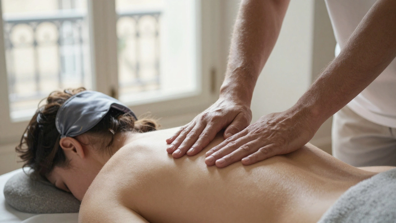Mains expertes pratiquant le shiatsu sur le dos d&#039;un client relaxé, lumière naturelle et ambiance sereine.