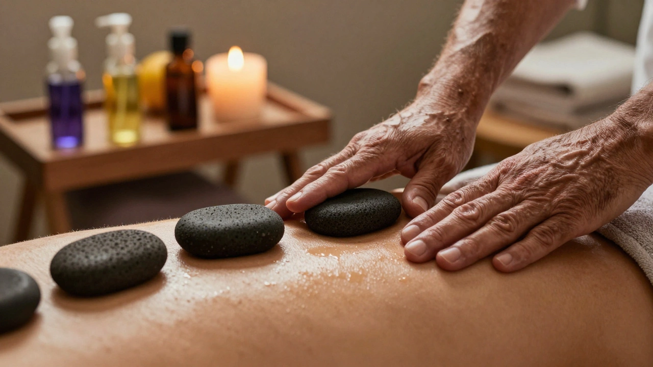 Mains expertes utilisant des pierres chaudes sur le dos, avec des huiles essentielles en arrière-plan.