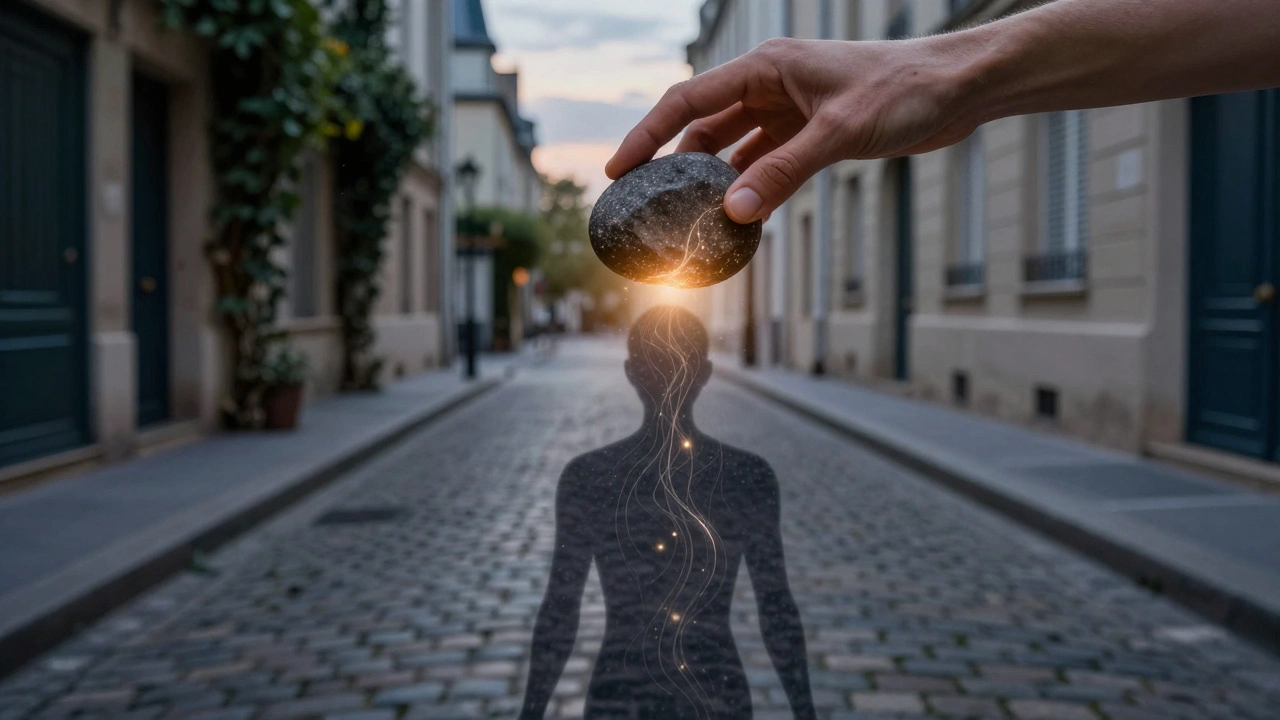 Mains tenant une pierre chaude au-dessus d'une silhouette lumineuse, énergie et sérénité dans une allée parisienne au crépuscule.