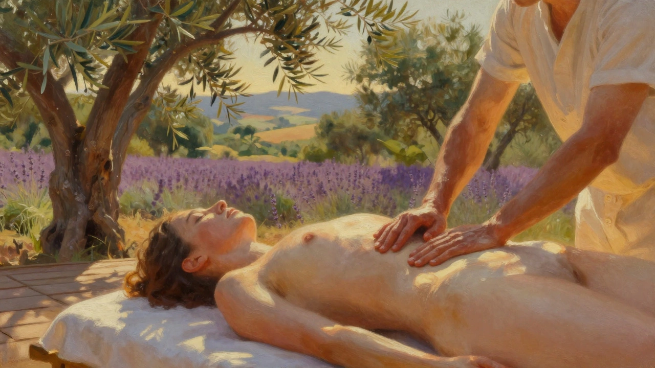 Massage naturiste en plein air en Provence, entouré d'oliviers et de lavande, sous un soleil doré.