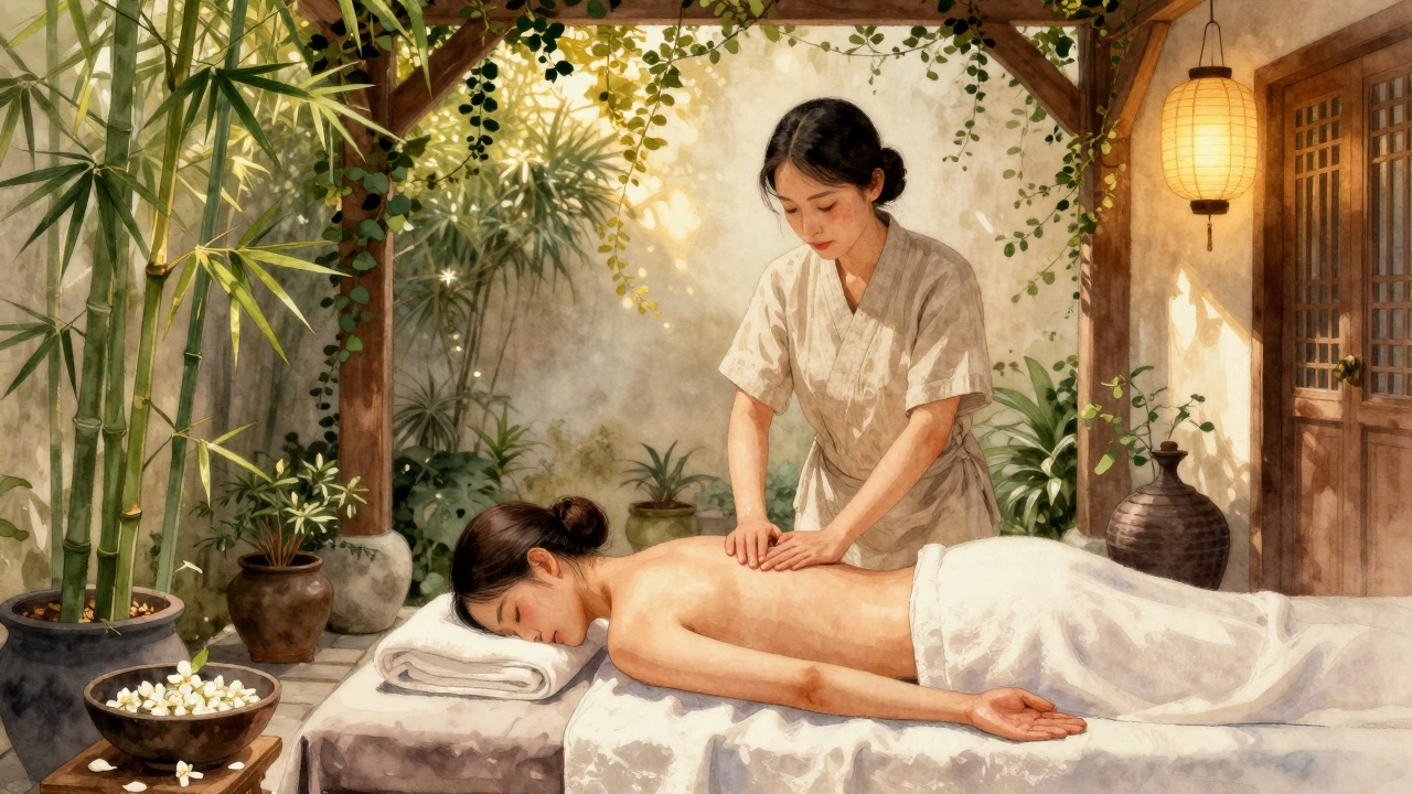 Massage thaï dans une cour secrète à Paris, avec bambous et lanternes.