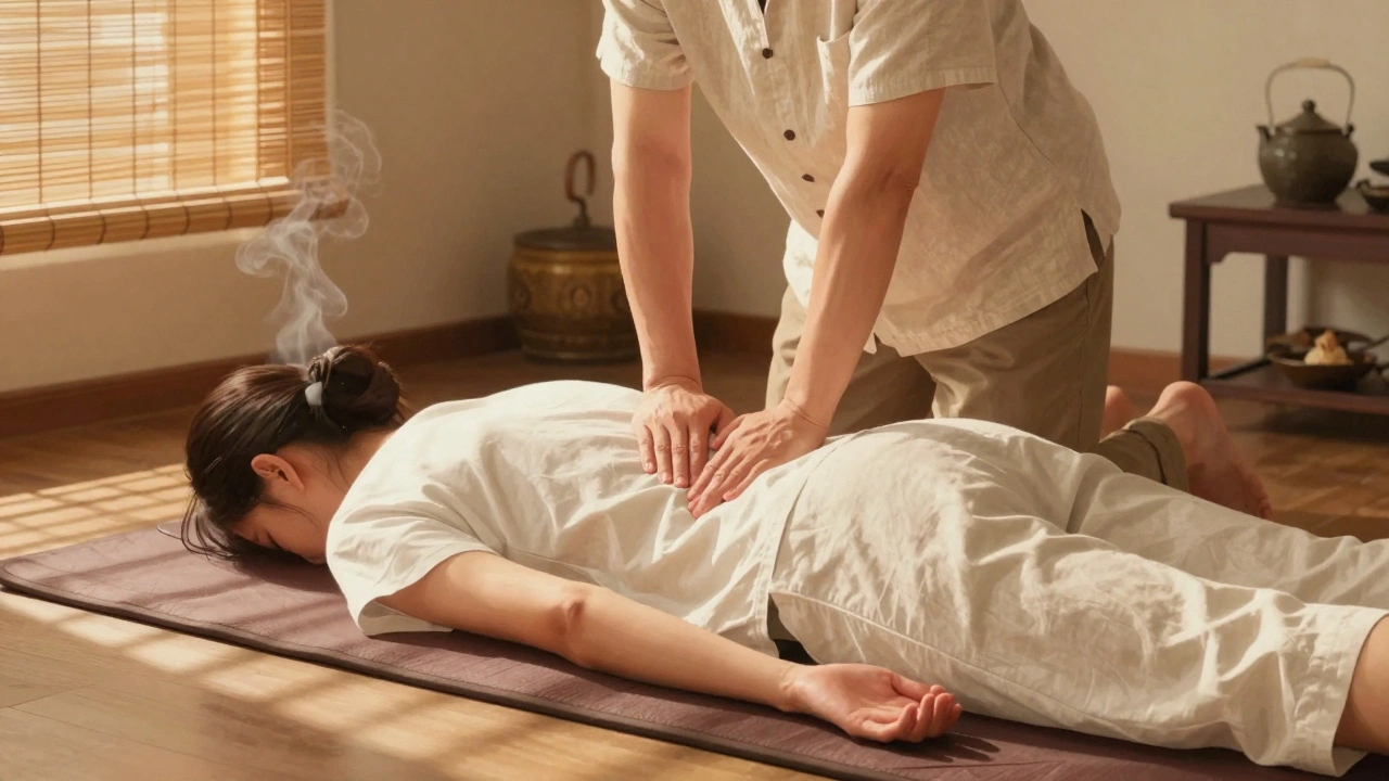 Massage thaï sur un matelas au sol, thérapeute utilisant ses coudes et pieds pour étirer un client habillé, ambiance apaisante.