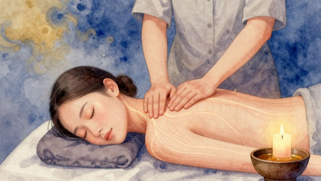 Masseuse appliquant une pression douce sur le cou d&#039;un client, avec des lignes énergétiques subtiles évoquant le shiatsu.