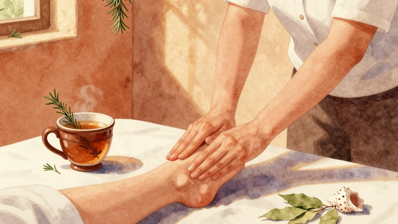 Masseuse utilisant des feuilles de laurier et des coquillages pour un massage traditionnel provençal, lumière dorée et odeurs d&#039;herbes.