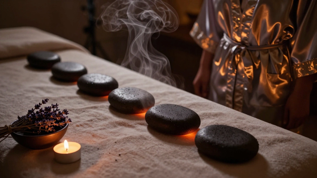 Pierres chaudes posées sur le dos lors d'un massage aux pierres, vapeur légère, lumière douce et ambiance de bien-être profond.