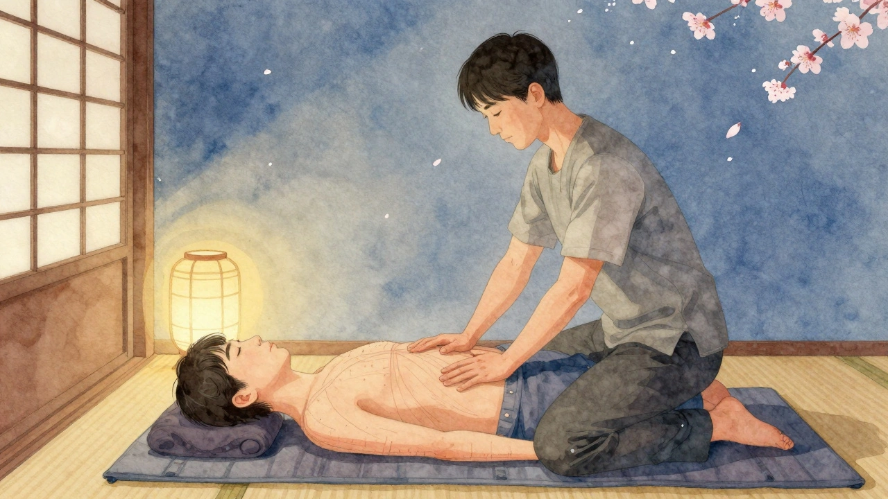 Praticien applique le shiatsu en pressant des points énergétiques sur un client allongé dans un espace apaisant de Montmartre.