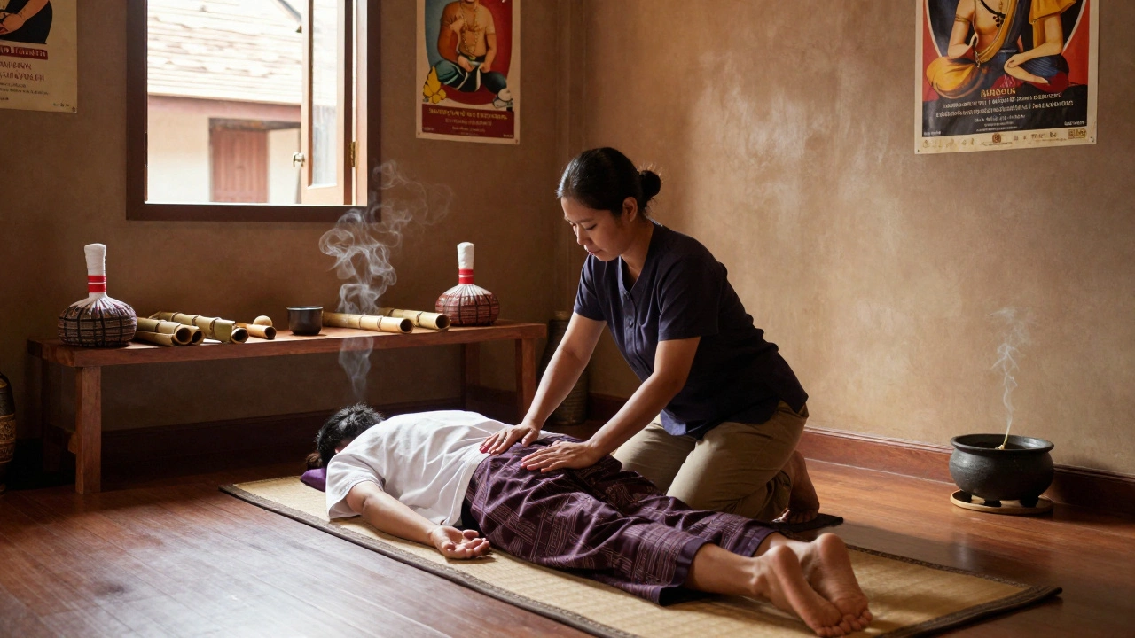 Praticien effectuant un massage thaï traditionnel sur un matelas au sol, dans un atelier authentique.