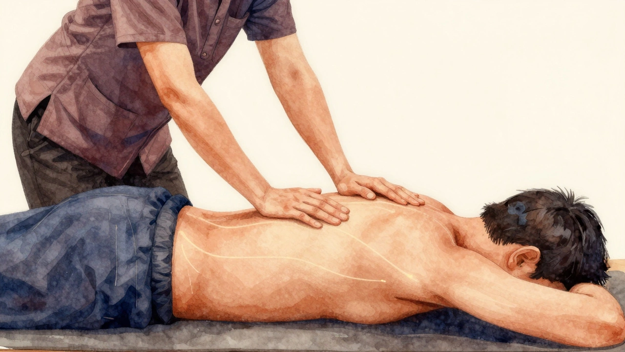 Praticien thaïlandais applique une pression rythmée sur le dos d'une personne en effectuant des étirements passifs, sans huile ni drap.