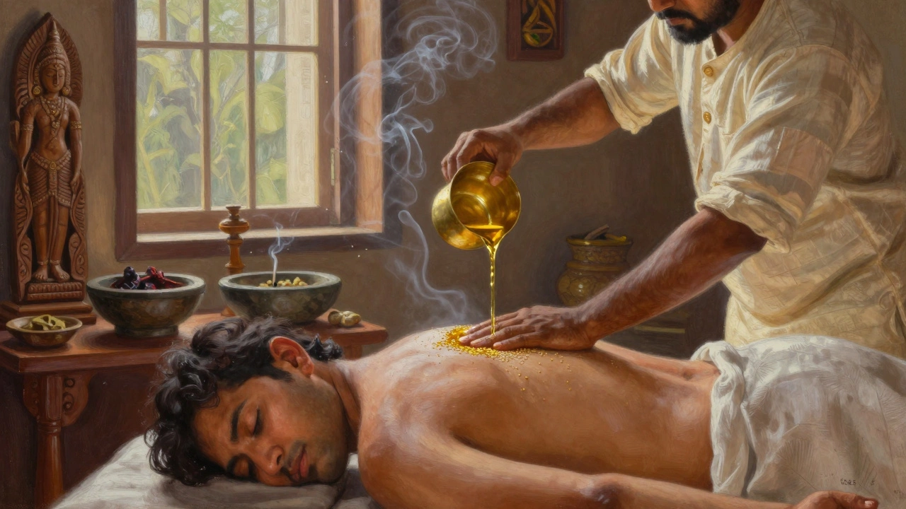 Rituel ayurvédique avec huile chaude, fumée d'encens et lumière naturelle dans une ambiance zen.