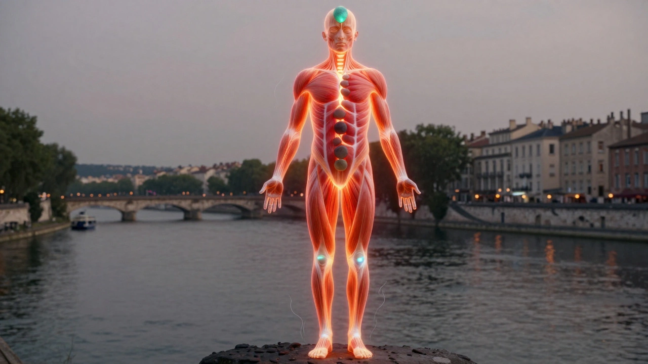 Schéma artistique d’un corps traversé par des courants de chaleur et de fraîcheur, symbolisant l’équilibre énergétique du massage aux pierres.