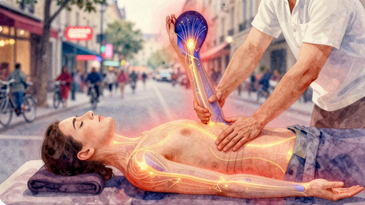 Schéma énergétique subtil montrant les méridiens lumineux stimulés pendant un massage thaï traditionnel.