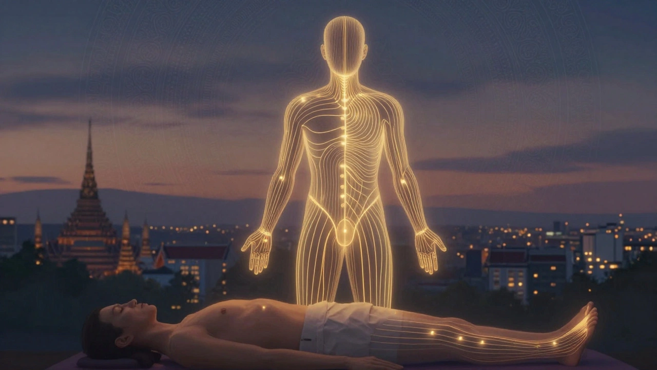 Silhouette humaine avec lignes énergétiques dorées brillantes, symbolisant le massage thaïlandais et son effet sur le corps.