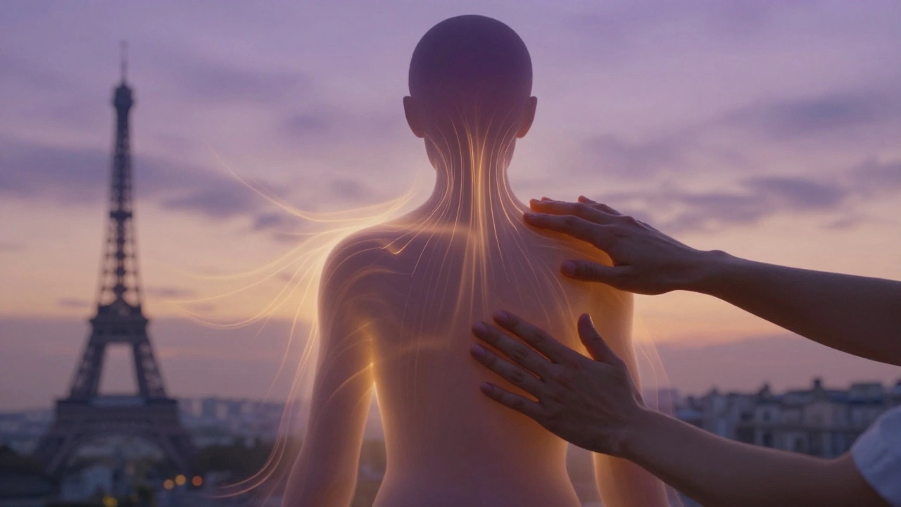 Silhouette humaine libérée du stress par des mains thérapeutiques, énergies chaudes qui se dissipent dans l&#039;air.