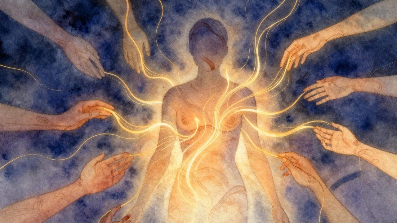 Silhouette humaine se fondant en lumières et ondes énergétiques, symbolisant l'acceptation de soi.