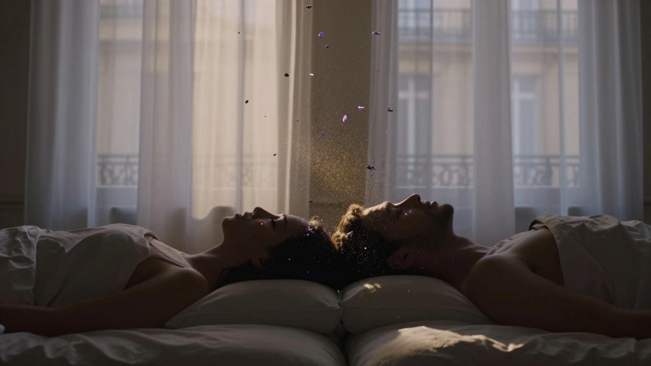 Silhouettes de couple en paix, des pétales de lavande flottent autour d'eux dans une lumière douce.