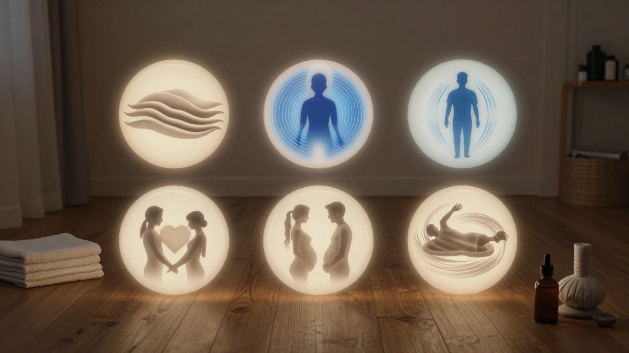 Six sphères représentant les types de massages à domicile à Paris flottant au-dessus d'un sol en bois.