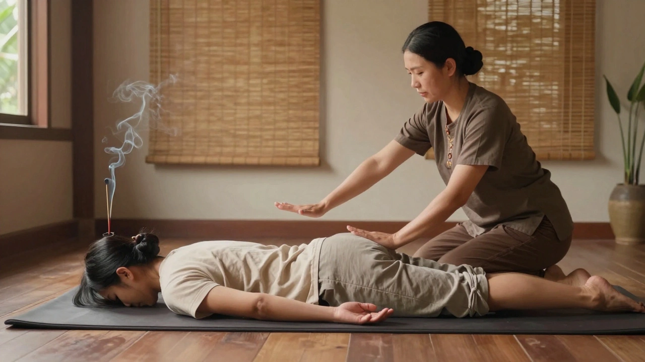 Thérapeute pratiquant un massage thaï sur un matelas au sol, en mouvement doux et précis.