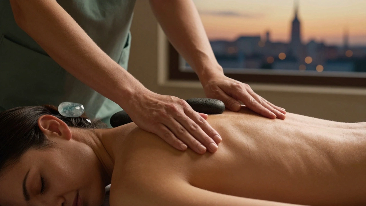 Thérapeute utilisant des pierres chaudes et froides sur les épaules et le front d’un client, dans une ambiance calme et chaleureuse.