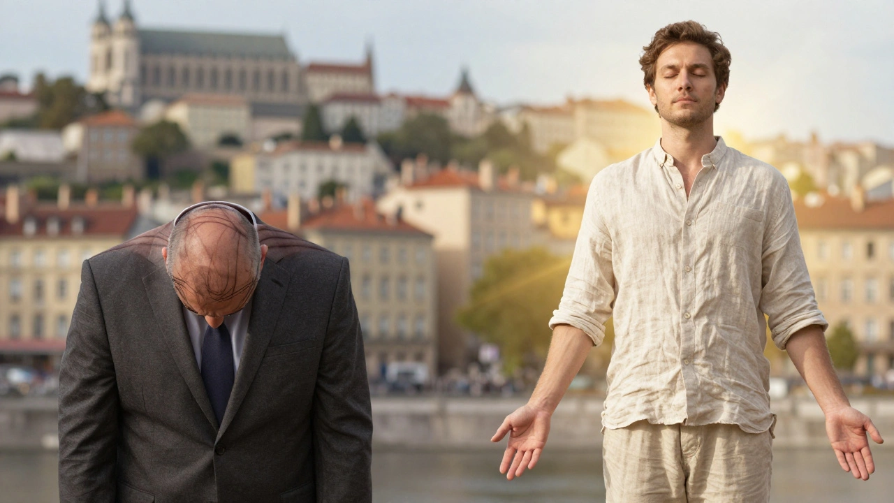 Transformation visuelle d'une personne tendue à une personne apaisée, séparée par un tapis de massage thaïlandais.