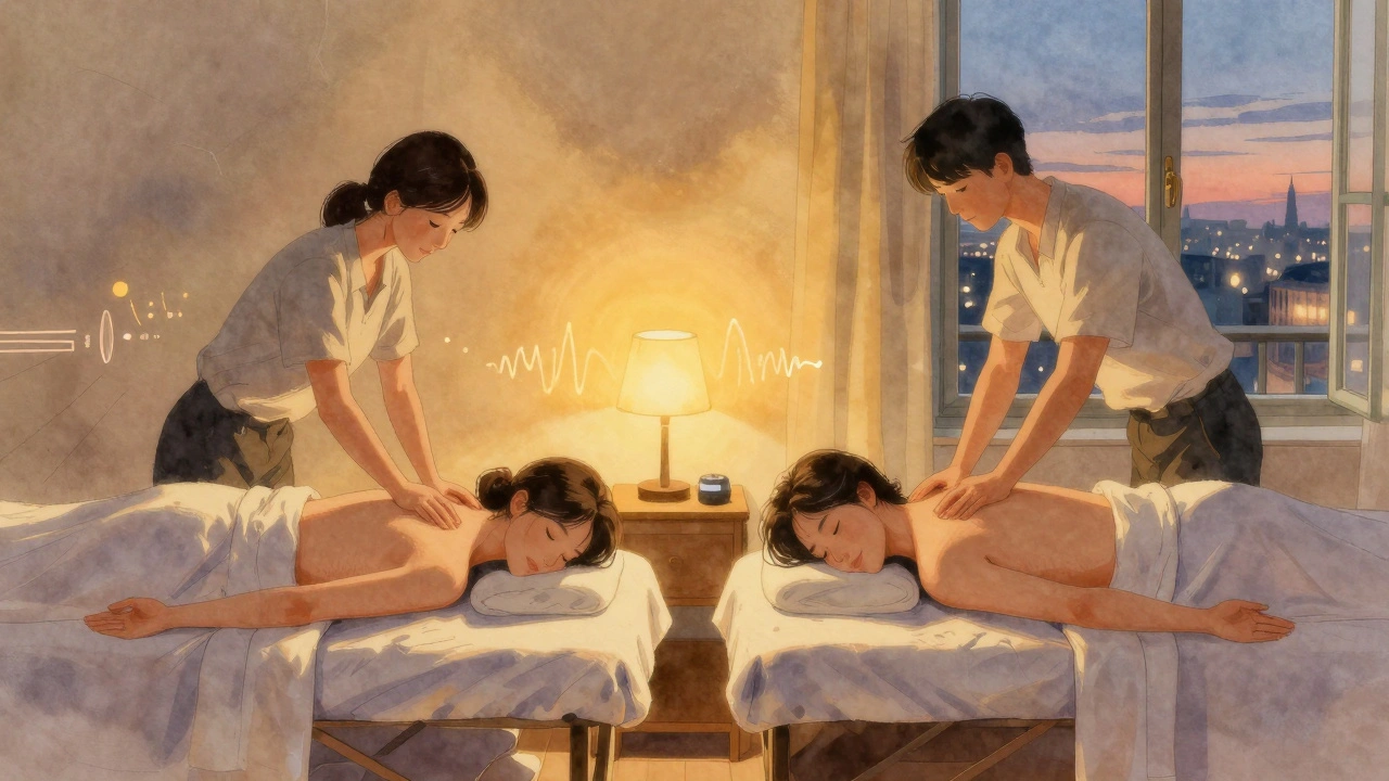 Un couple allongé côte à côte recevant un massage doux dans leur chambre, éclairée par une lumière chaude.