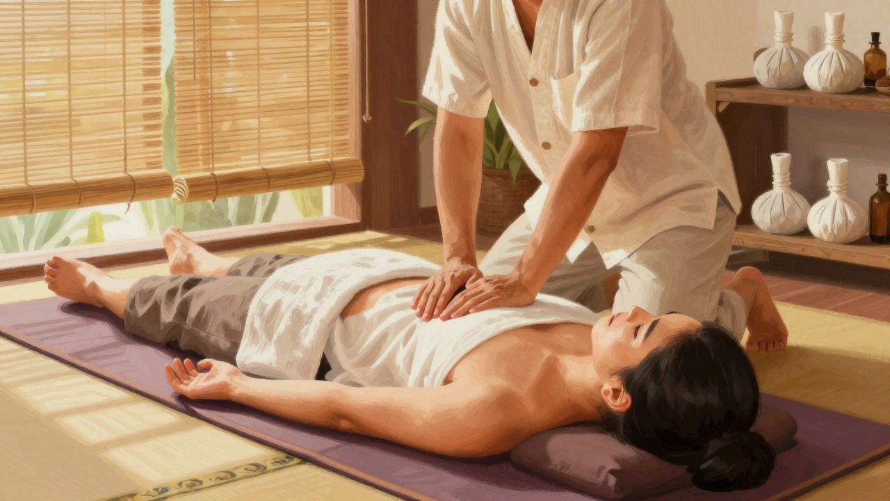 Un massage thaïlandais au sol avec praticien en train d&#039;étirer doucement un client.