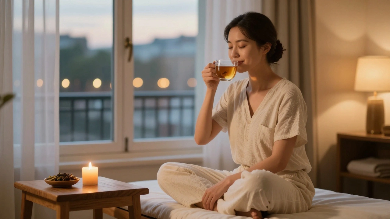 Une femme sirotant une infusion après un massage, les yeux fermés, dans un cadre paisible.