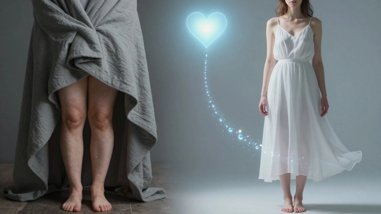 Comparaison visuelle d'une personne avant et après un drainage lymphatique, passant de lourdeur à légèreté.