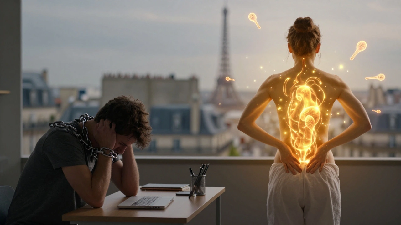 Composition en deux parties : une personne épuisée à gauche, libérée et lumineuse à droite, symbolisant la renaissance immunitaire.