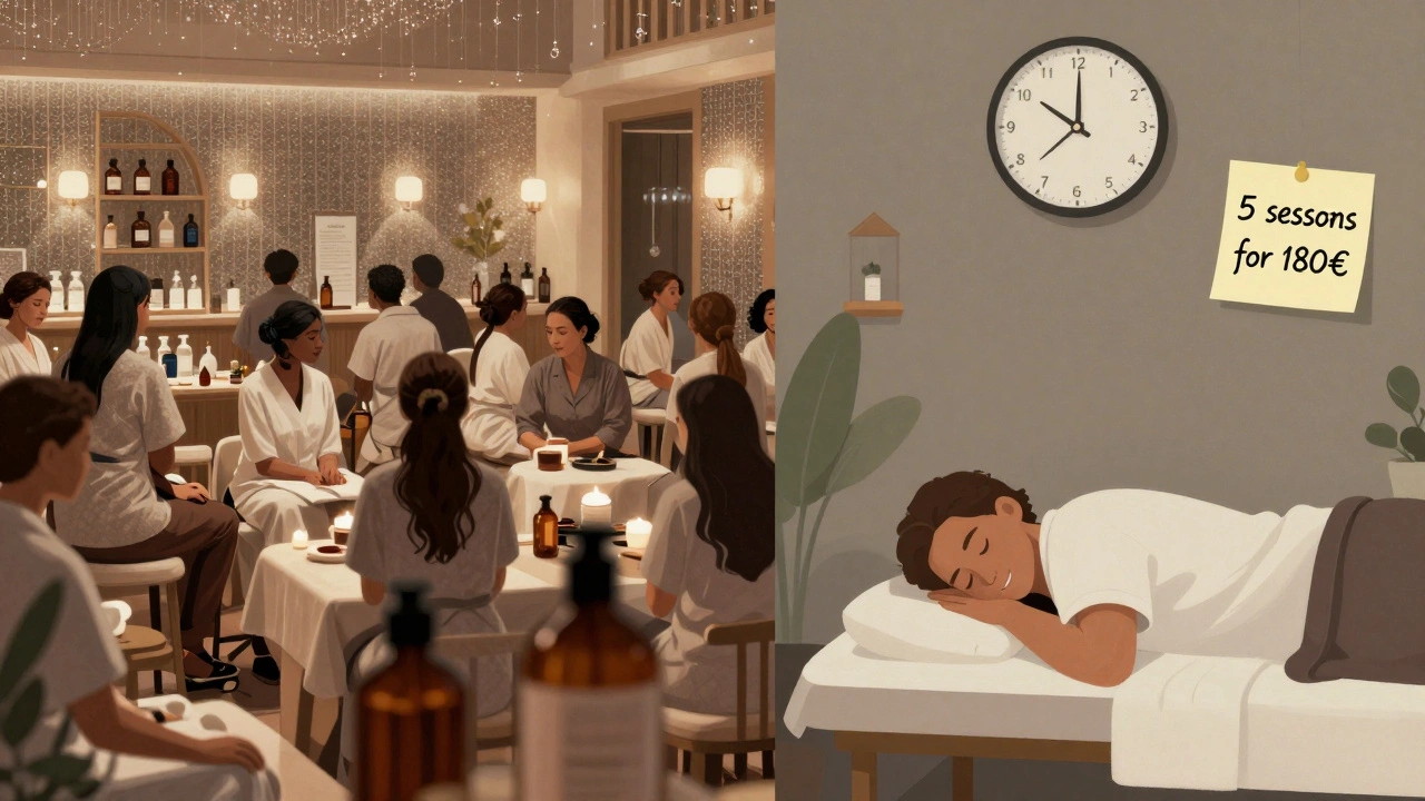 Contraste entre un spa luxueux surchargé et un salon abordable où un client se détend paisiblement, symbole du bien-être accessible.