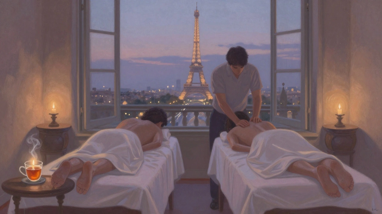 Couple en massage côte à côte avec vue sur la Tour Eiffel au crépuscule.