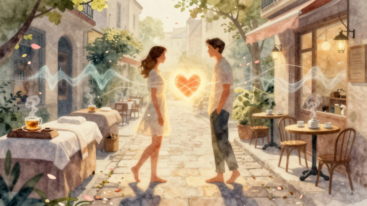 Couple sortant d'une séance de massage, des lignes lumineuses relient leurs cœurs, symbolisant la connexion retrouvée.