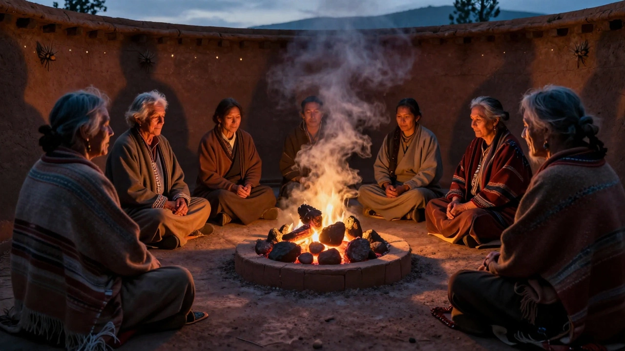 Des Navajos participent à une cérémonie de sudation avec des pierres chauffées dans un tipi.