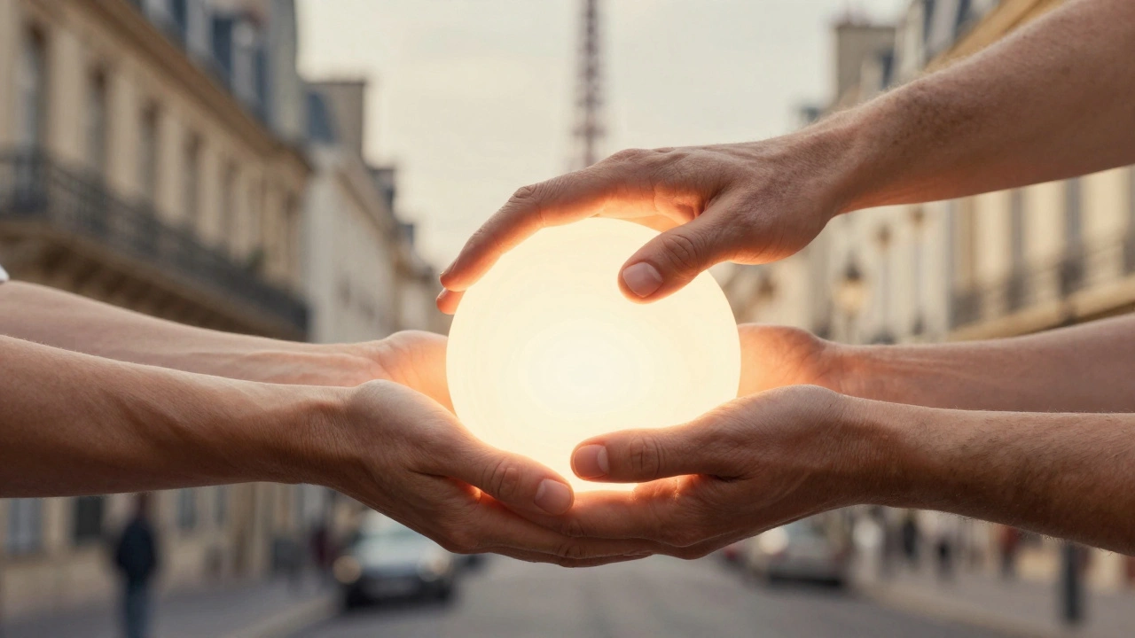Deux mains libérant une tension sous forme de sphère lumineuse, symbolisant le soulagement abordable à Paris.