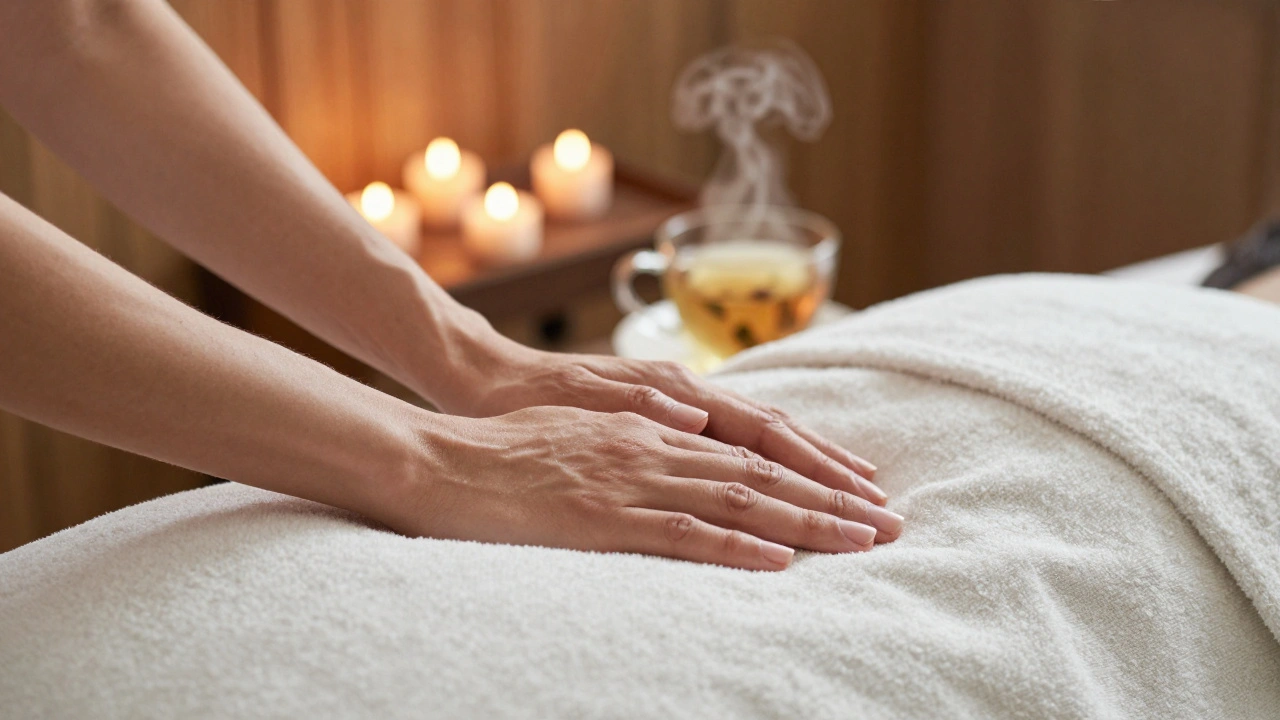 Deux mains se touchant doucement sur une couverture après un massage, avec des bougies et une tisane en arrière-plan.