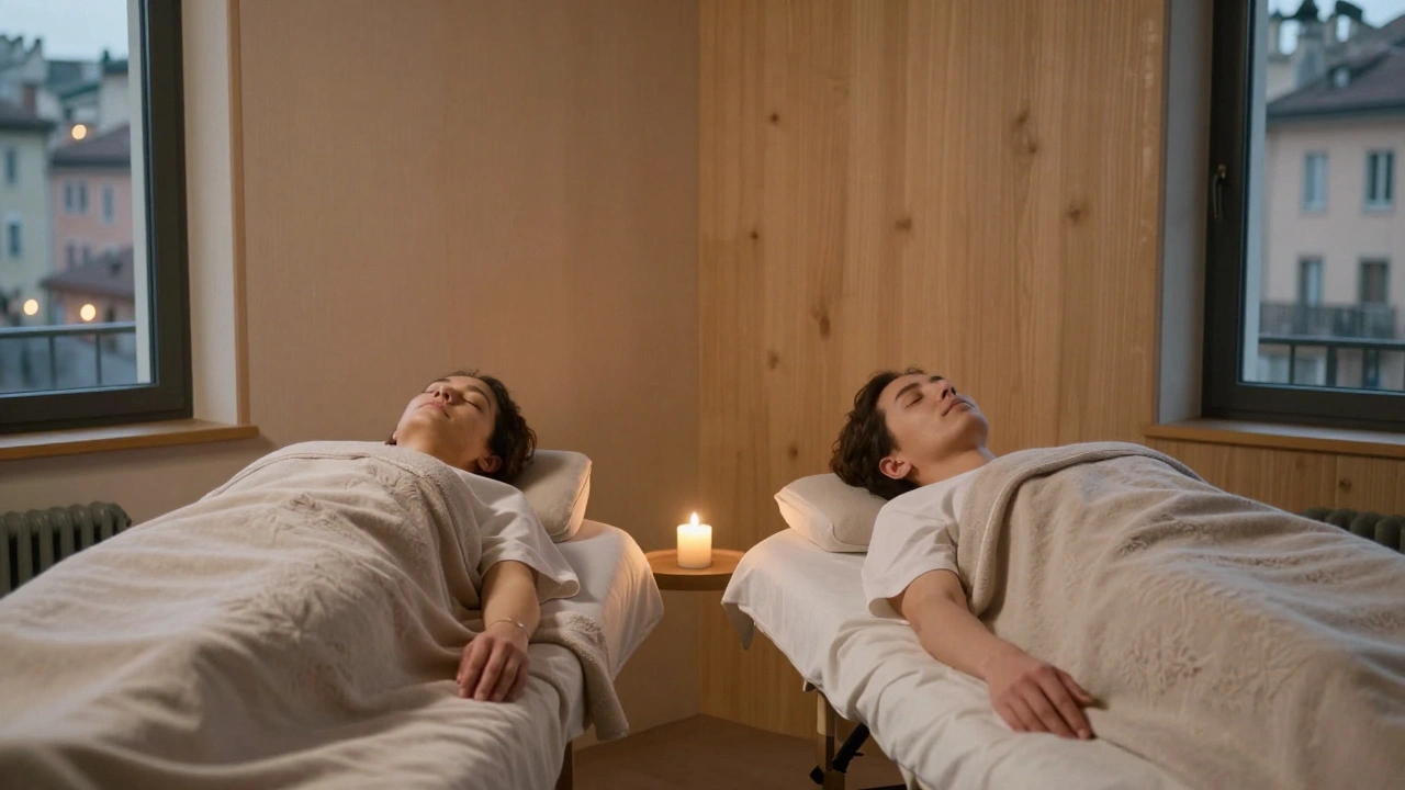 Deux personnes allongées côte à côte en massage, dans un espace calme et intime, partageant un moment de paix sans mots.