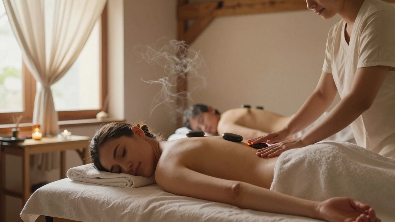 Deux tables de massage dans un spa apaisant, avec des pierres chaudes et des rideaux légers, dans une atmosphère de calme profond.