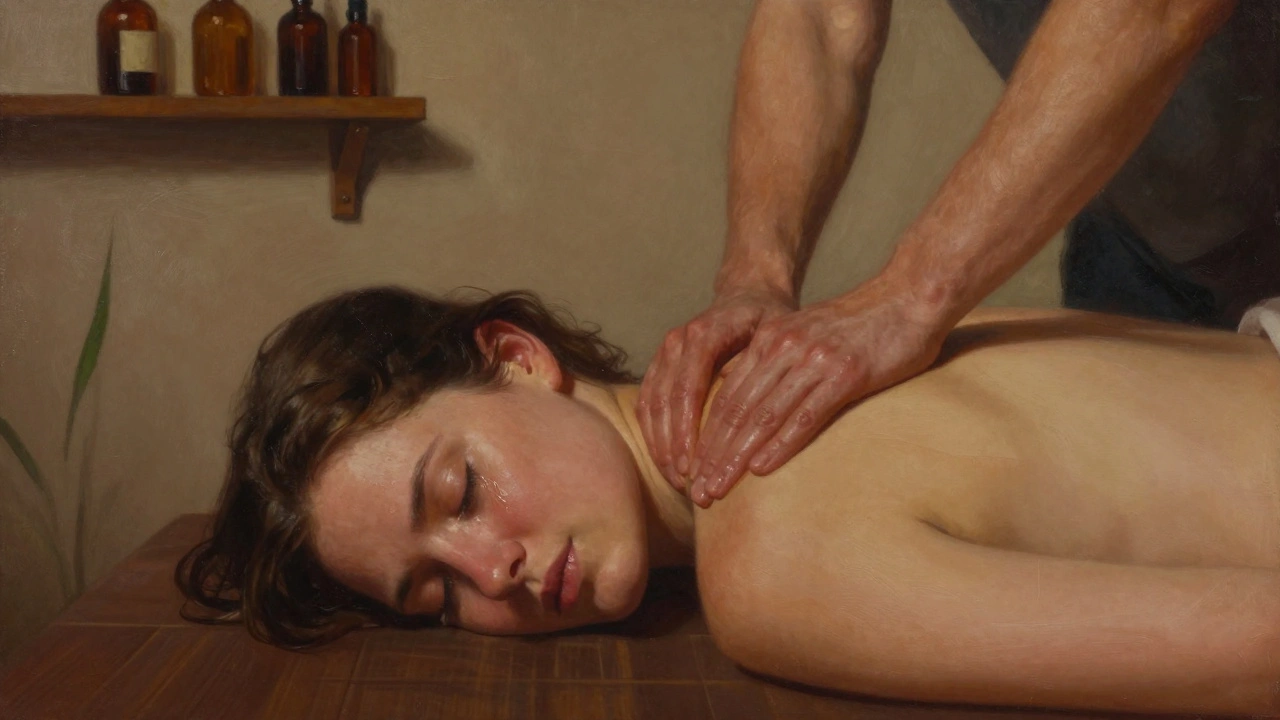 Femme en larmes pendant un massage, mains du masseur sur ses épaules, lumière chaude, atmosphère intime et apaisante.