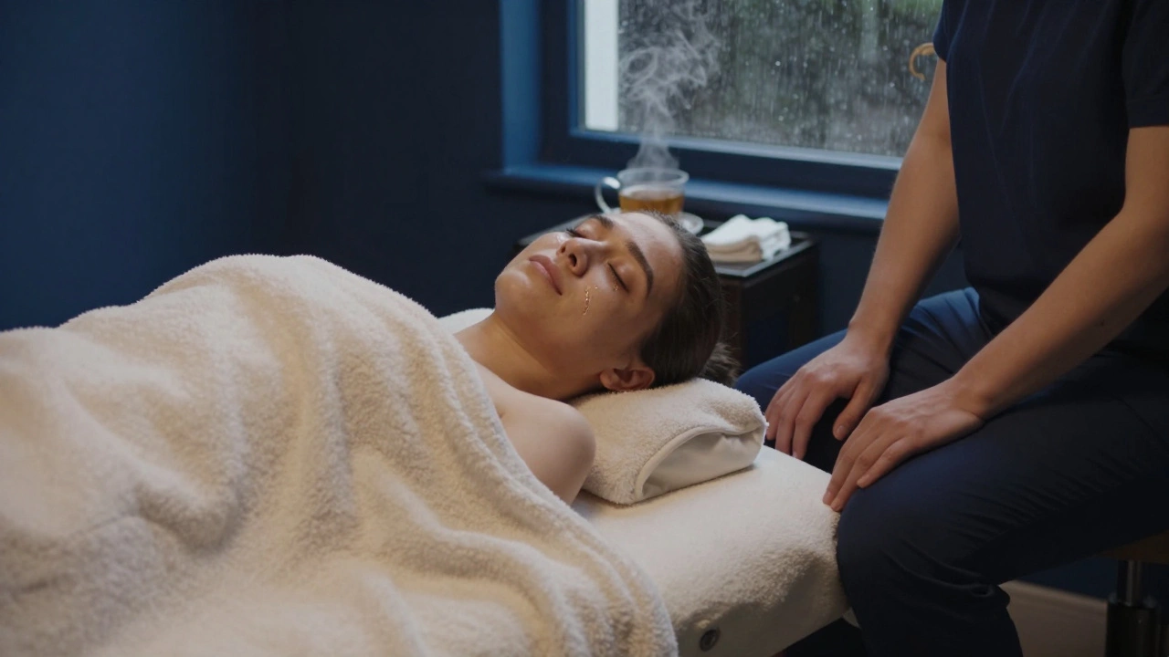Femme endormie pendant un massage holistique, des larmes sur les joues, dans un cadre apaisant de Montmartre.
