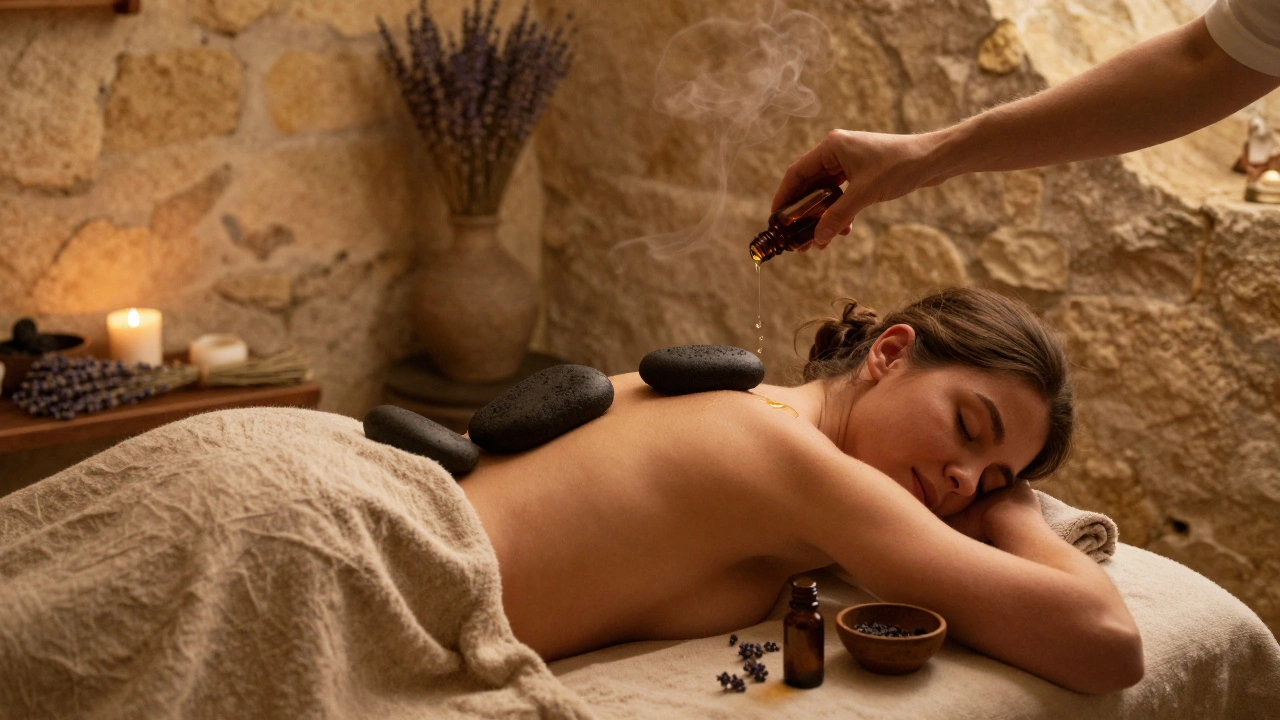 Femme reposant sur une table de massage avec des pierres chaudes sur le dos, dans une ambiance chaleureuse et naturelle.