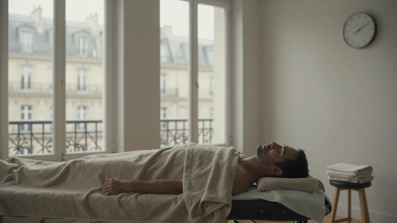 Homme détendu après une séance de massage, allongé sur une table dans un studio parisien lumineux.