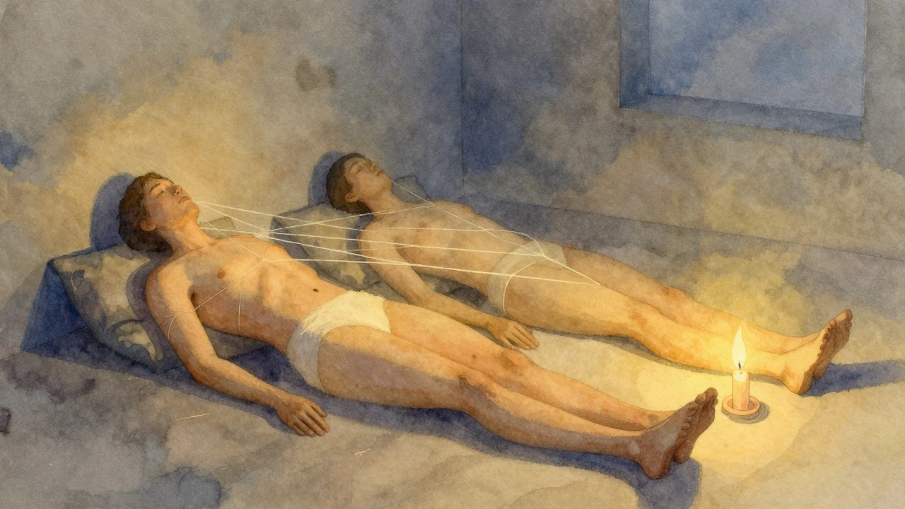 Illustration artistique de deux corps détendus, reliés par une énergie silencieuse dans un espace calme.