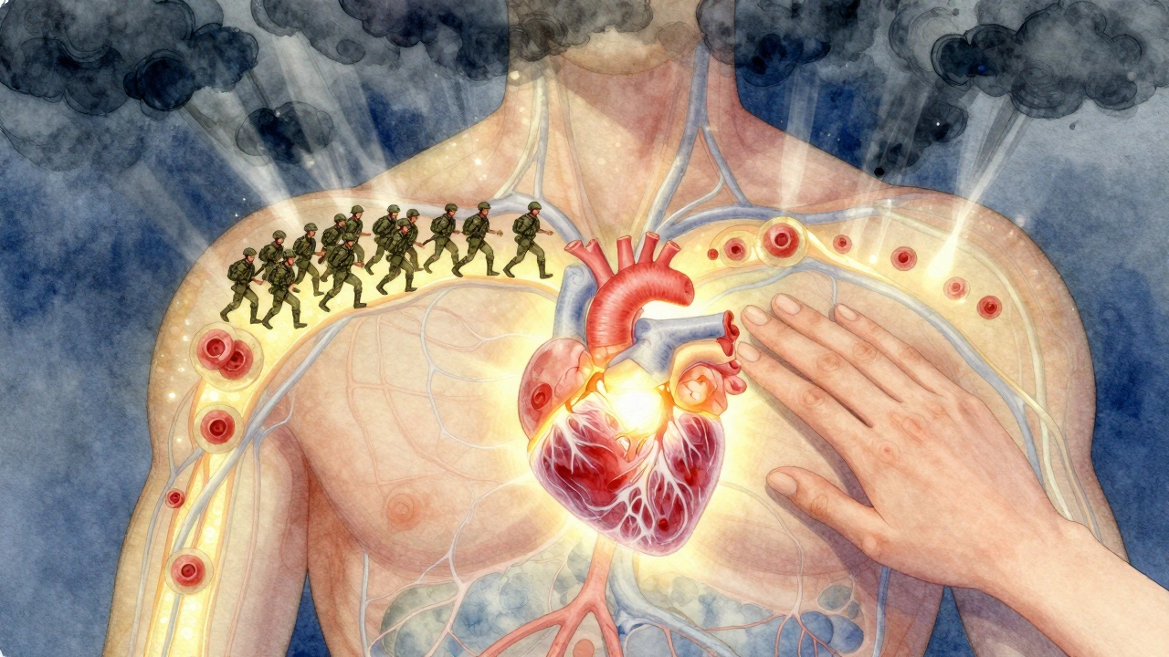 Illustration artistique du corps humain comme une armée, avec des cellules immunitaires en mouvement et un système lymphatique lumineux.