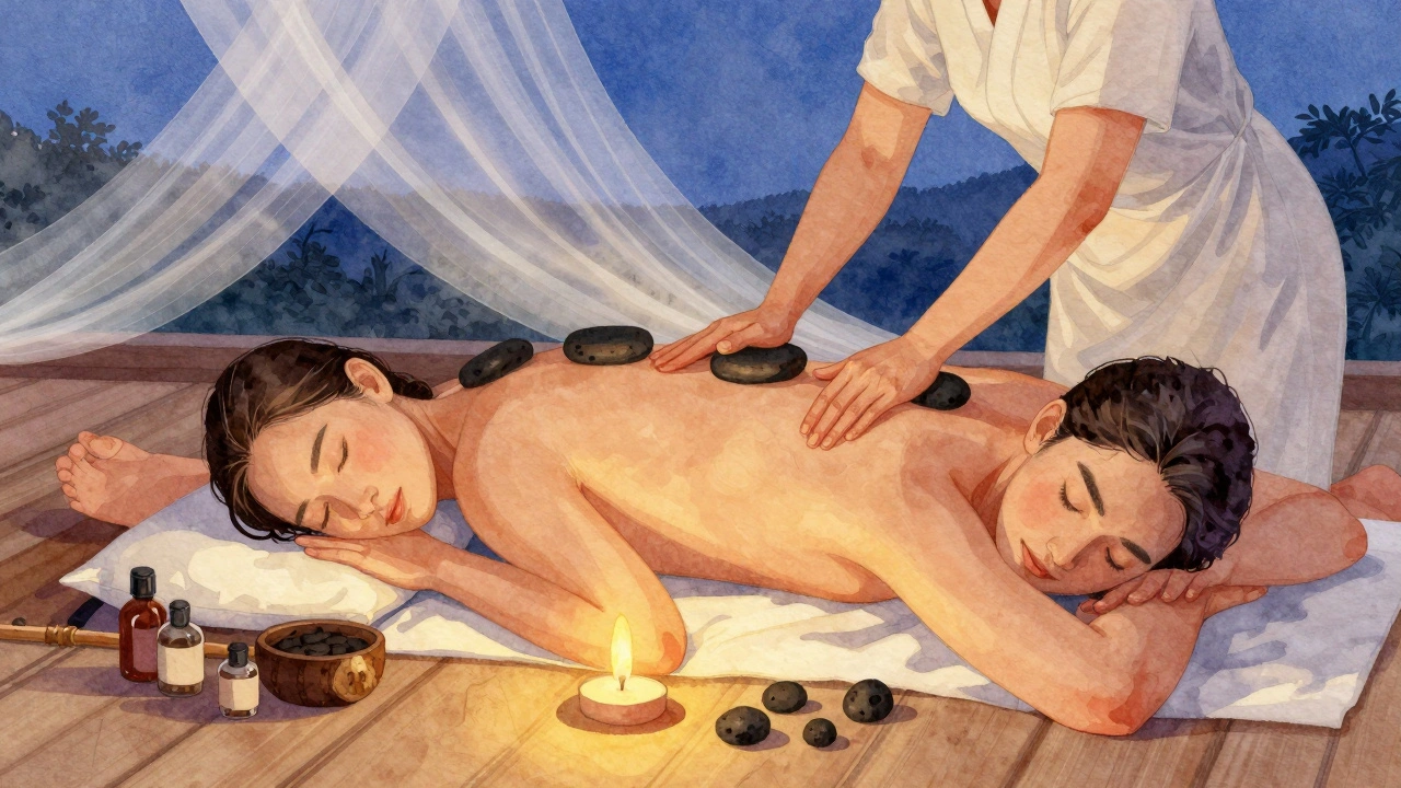 Illustration douce d'un massage en couple avec des pierres chaudes et des draps légers, dans une atmosphère calme et chaleureuse.