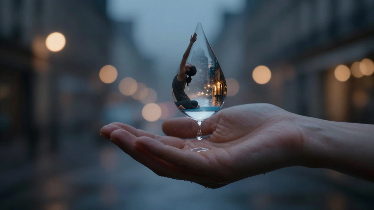 Main tenant une goutte d'eau reflétant des scènes de libération énergétique, dans un style conceptuel et onirique.