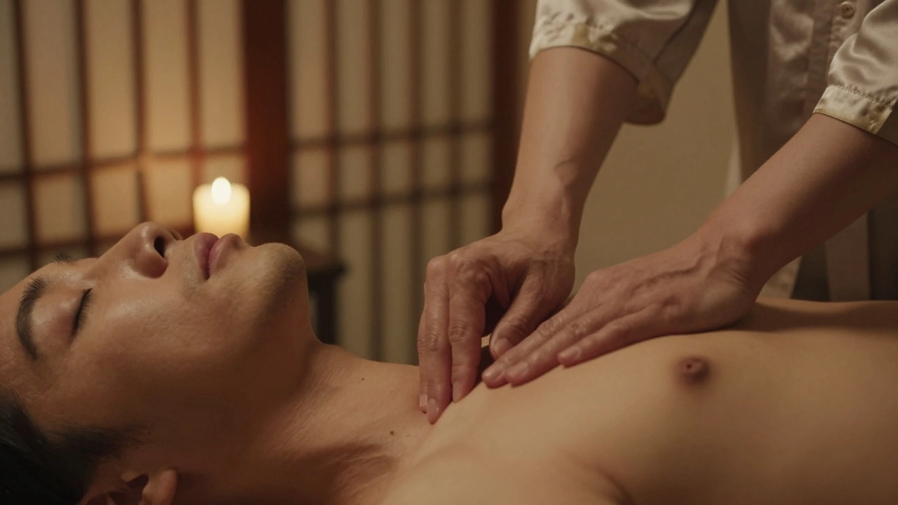 Mains d'un massothérapeute appliquant une pression précise en Shiatsu sur l'épaule d'un client détendu.