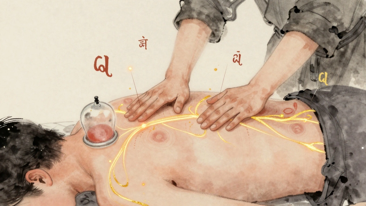 Mains de praticien appliquant une pression précise le long de méridiens énergétiques, avec des lignes dorées et des marques de ventouses visibles.