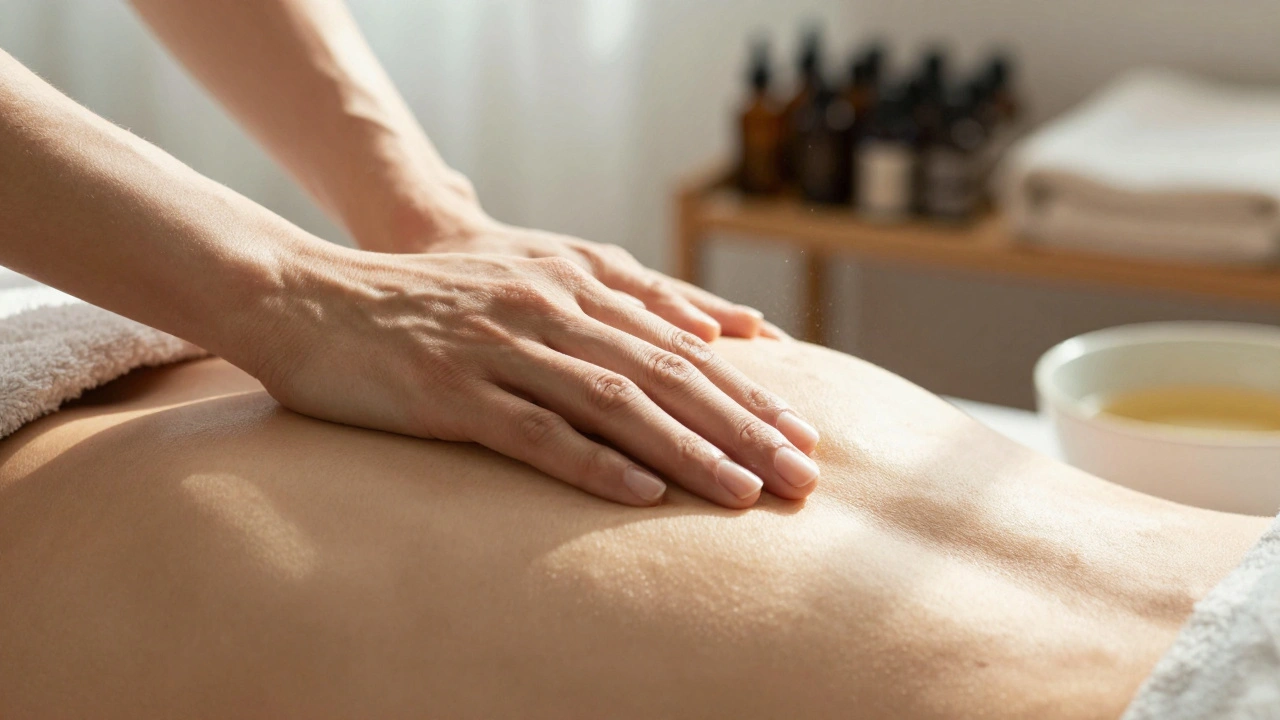 Mains expertes glissant doucement sur une épaule, dans une lumière chaude, révélant la tendresse du toucher conscient.