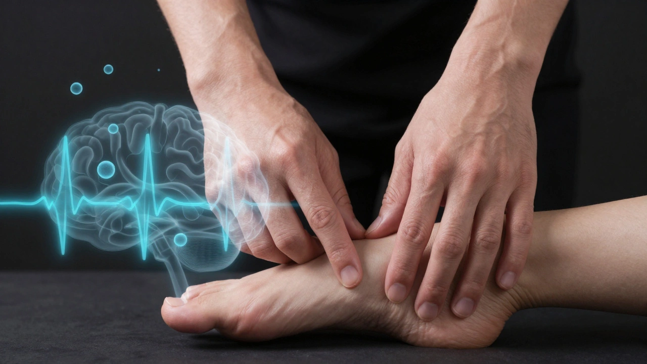 Mains massant un pied, avec des éléments biologiques transparents s'élevant autour : lymphocytes, cortisol en baisse, ondes cérébrales calmes.