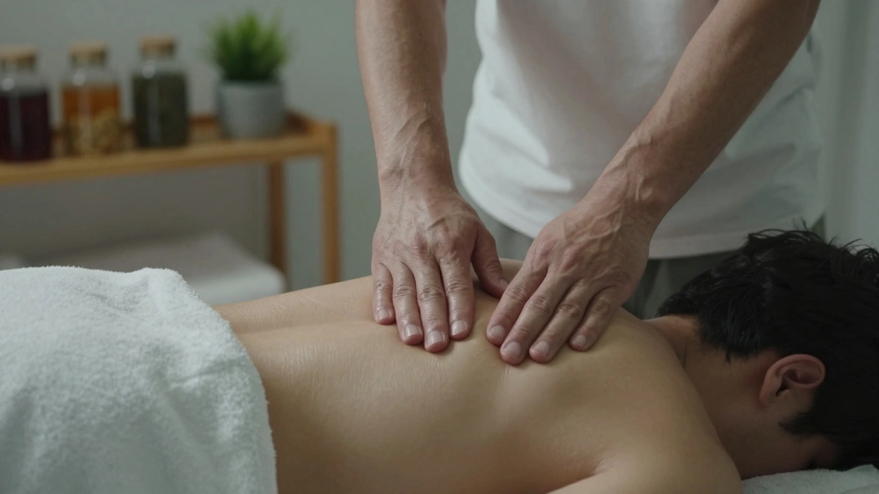 Masseur professionnel appliquant une pression précise sur les épaules d'un client allongé, ambiance intime et silencieuse.